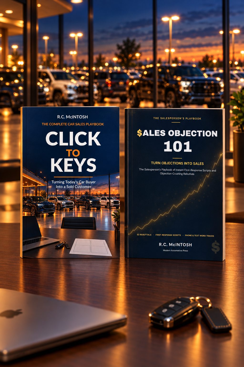 A dealership desk at night with Click to Keys and Sales Objection 101 standing beside a laptop and car keys, the lit lot behind the window